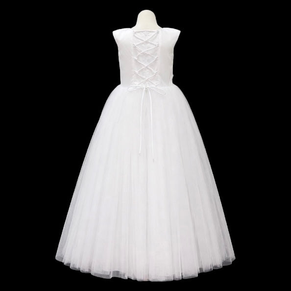 Cap Sleeve Girls Formal Dress with Pearl Neckline & Embroidered Lace Waist