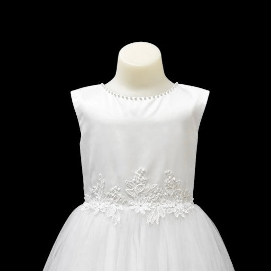Cap Sleeve Girls Formal Dress with Pearl Neckline & Embroidered Lace Waist