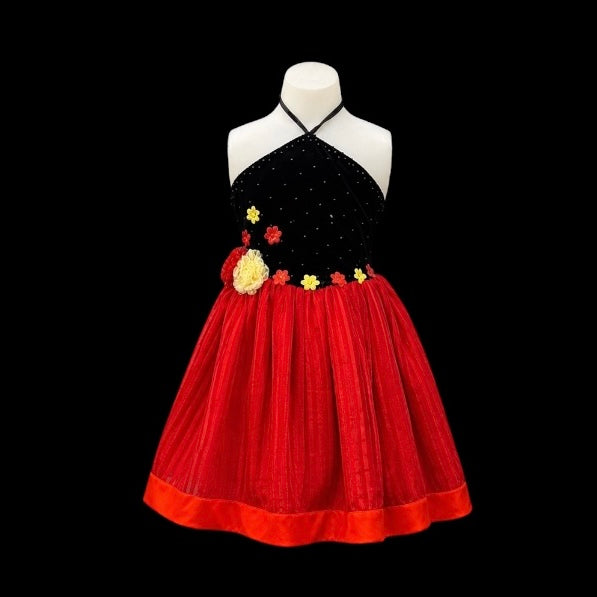 Black & Red Halter Dress w/ Floral Waist Detail & Striped Skirt