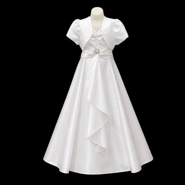 Sleeveless White Satin Dress & Satin Bolero w/ Jewel-Encrusted Brooch (Size 10)