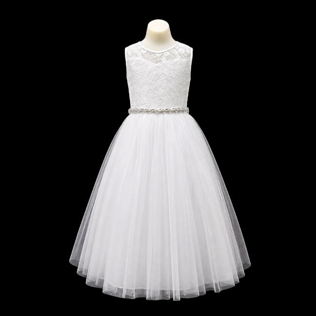 White Sleeveless Floral Lace Girls Formal Dress with Full Tulle Skirt & Rhinestone Waist