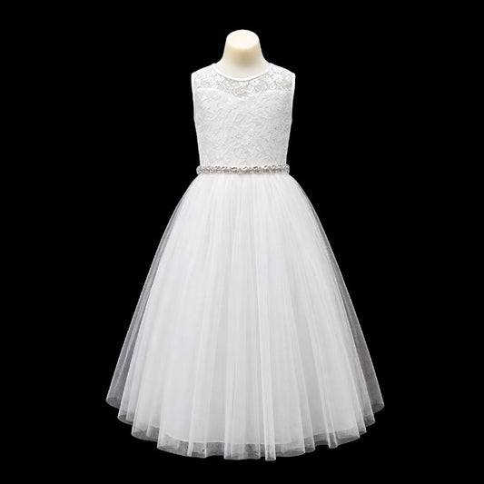 White Sleeveless Floral Lace Girls Formal Dress with Full Tulle Skirt & Rhinestone Waist