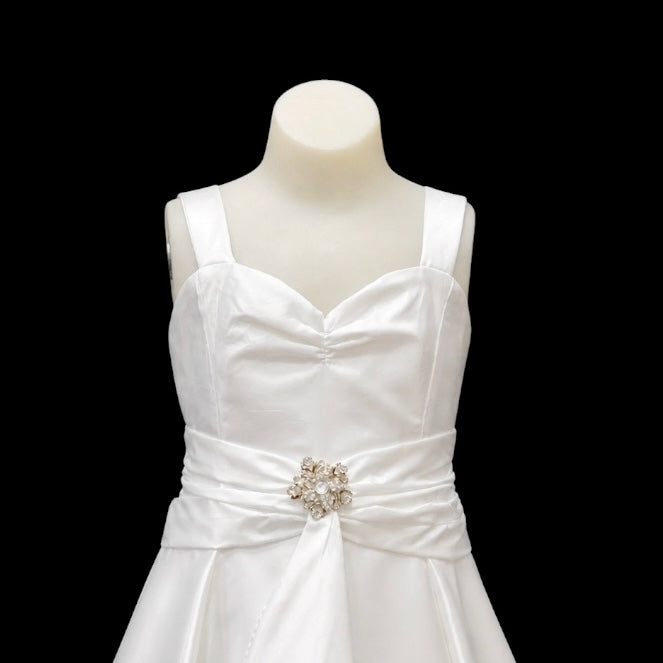 Sleeveless White Satin Dress & Satin Bolero w/ Jewel-Encrusted Brooch (Size 10)