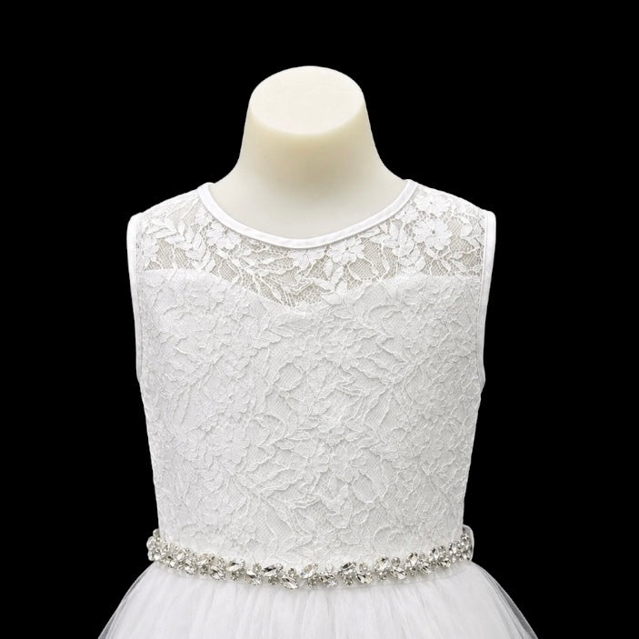White Sleeveless Floral Lace Girls Formal Dress with Full Tulle Skirt & Rhinestone Waist