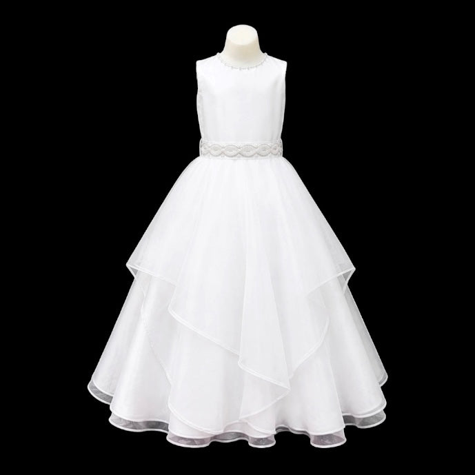 Sleeveless White Pearl Neckline Dress with Layered Organza Skirt
