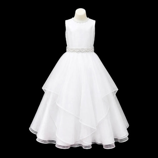 Sleeveless White Pearl Neckline Dress with Layered Organza Skirt