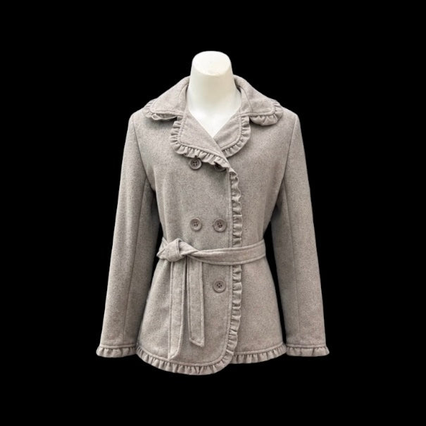 Girls Grey Felt Coat with Ruffle Trim & Plaid Scarf Set