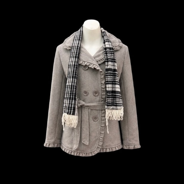 Girls Grey Felt Coat with Ruffle Trim & Plaid Scarf Set