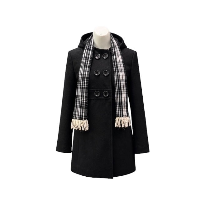 Girls Black Felt Coat with Double-Breasted Buttons & Plaid Scarf Set