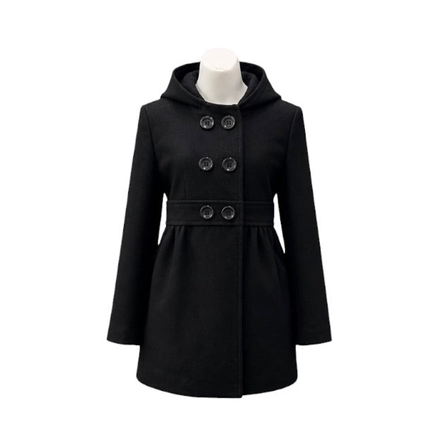 Girls Black Felt Coat with Double-Breasted Buttons & Plaid Scarf Set