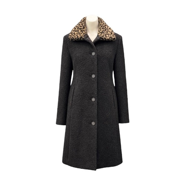 Girls Charcoal Wool Coat with Leopard Faux Fur Collar – Long Winter Dress Coat