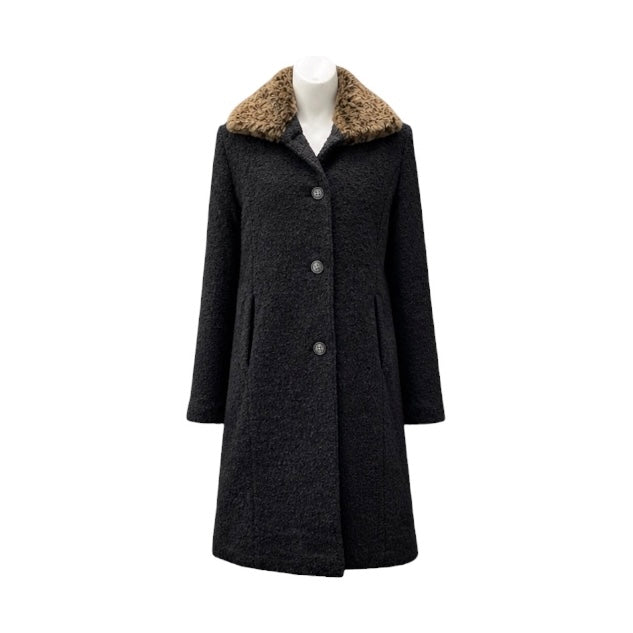 Girls Charcoal Wool Coat with Leopard Faux Fur Collar – Long Winter Dress Coat