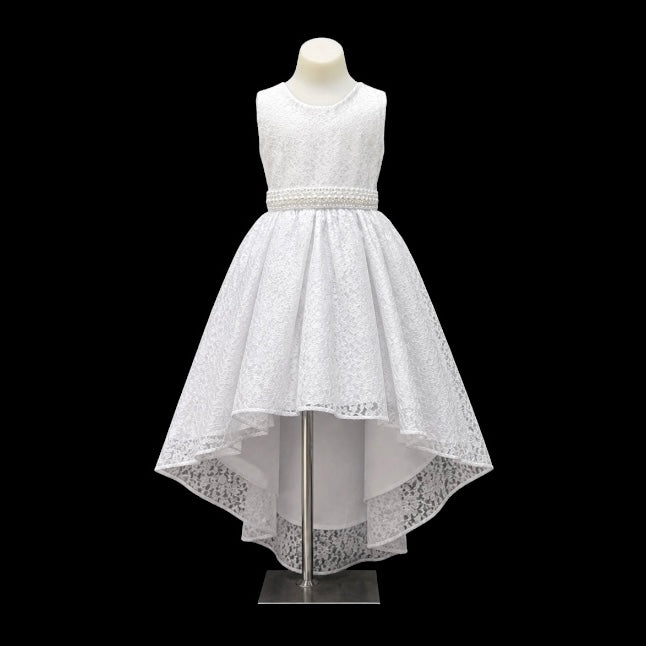 White Lace High-Low Dress with Pearl Waist Detail & Oversized Satin Bow Back