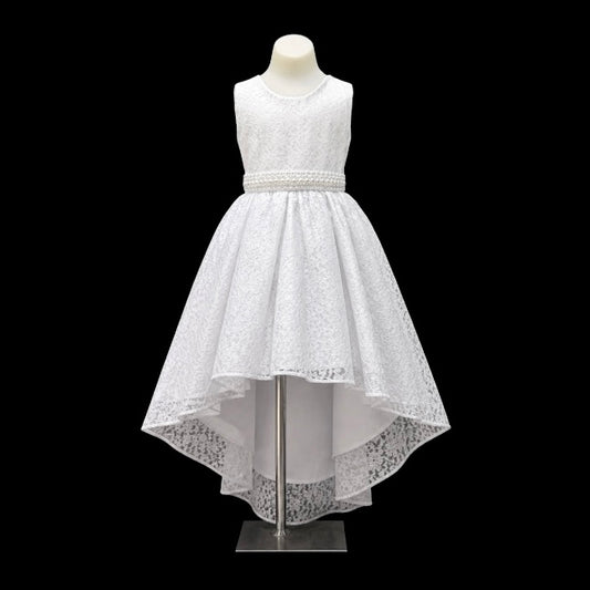 White Lace High-Low Dress with Pearl Waist Detail & Oversized Satin Bow Back