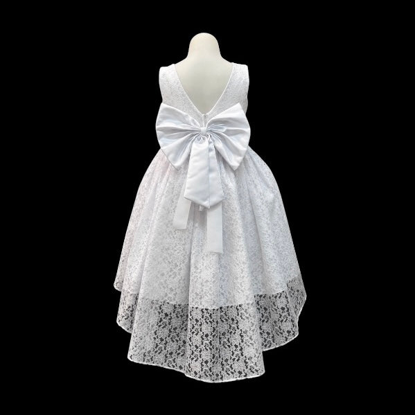 White Lace High-Low Dress with Pearl Waist Detail & Oversized Satin Bow Back