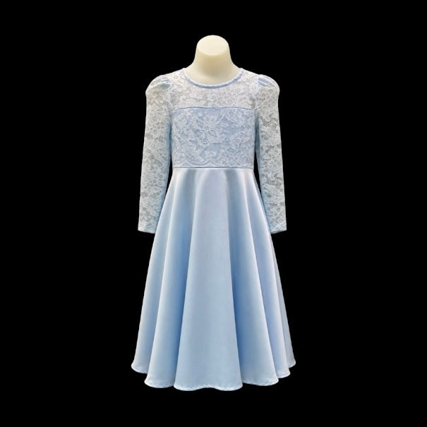 Light Blue Lace Bodice Tea Length Dress with Long Lace Sleeves (Size 10)