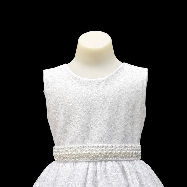 White Lace High-Low Dress with Pearl Waist Detail & Oversized Satin Bow Back