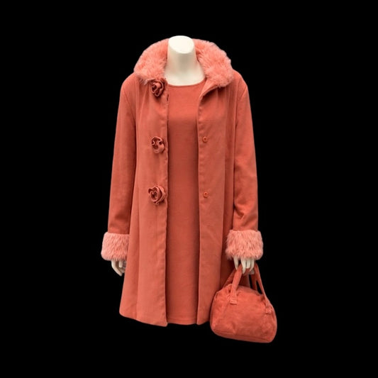 Rose Pink Faux Fur Trim Jacket, Matching Dress & Purse Set for Girls
