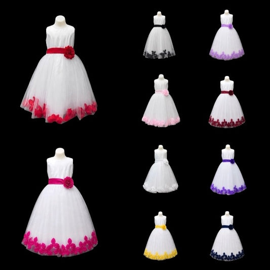 White Tea-Length Tulle Dress with Floral Coloured Petal Skirt & Rosette Waist Detail