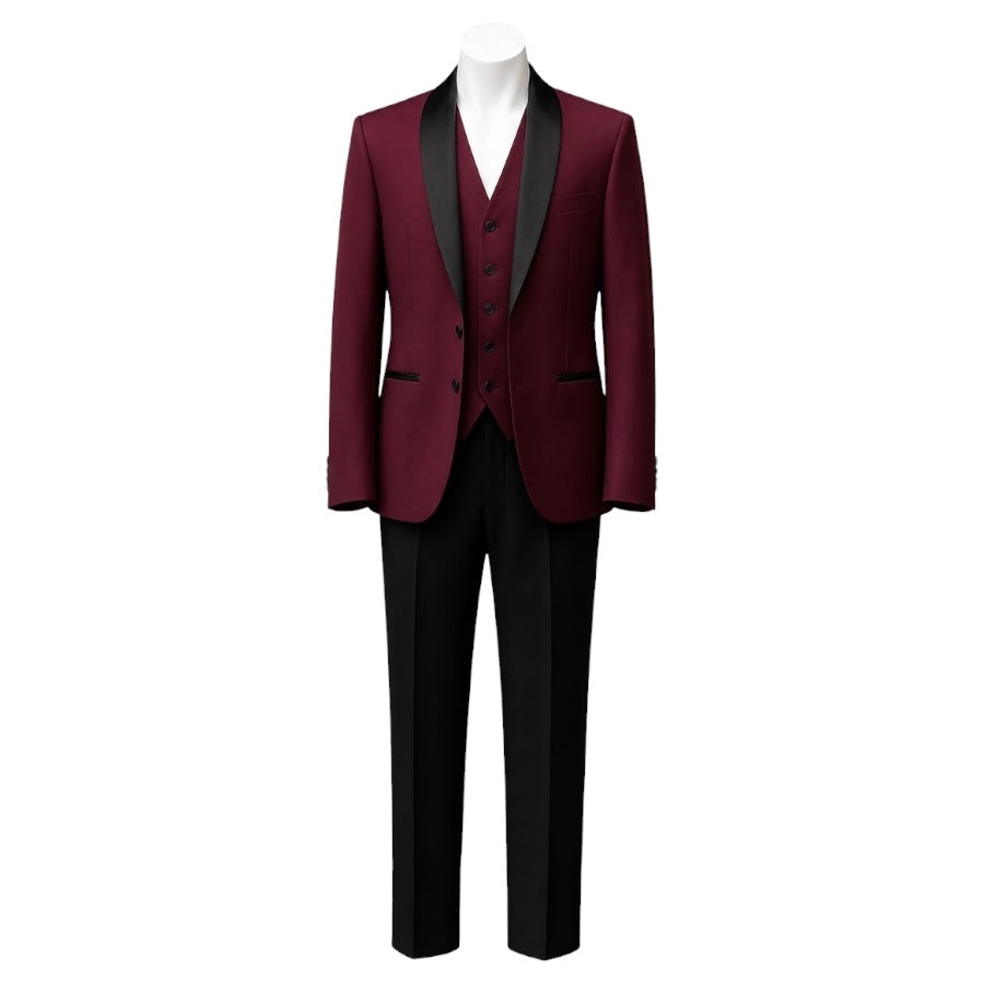 Fouger U.S.A. Burgundy & Black Slim Fit Boys 3-Piece Suit – Satin Lapel Formal Set