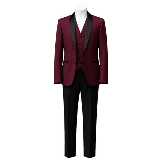 Fouger U.S.A. Burgundy & Black Slim Fit Boys 3-Piece Suit – Satin Lapel Formal Set