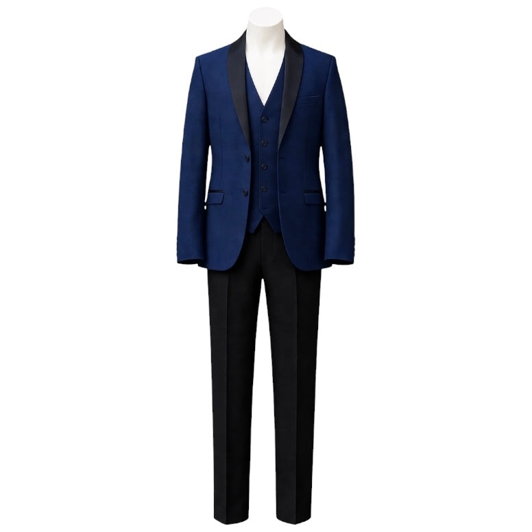 Fouger U.S.A. Indigo & Black Slim Fit Boys 3-Piece Suit – Satin Lapel Formal Set