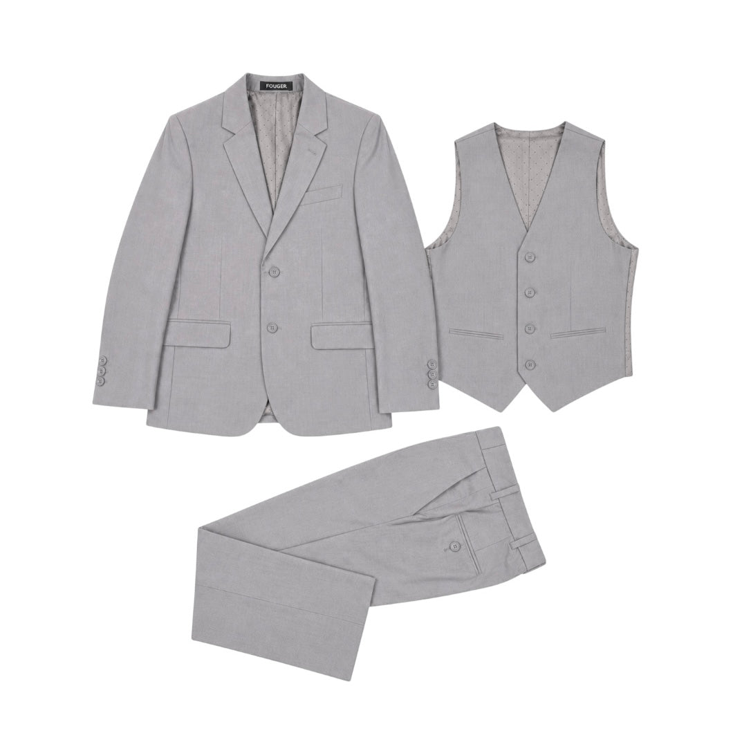 Fouger U.S.A. Boys Light Grey Slim Fit 3-Piece Suit