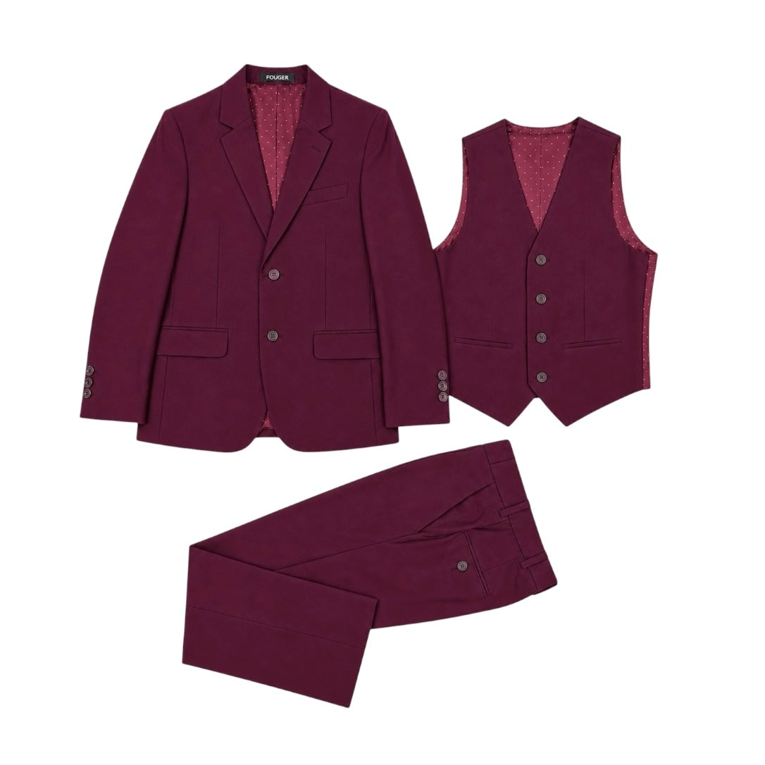 Fouger U.S.A. Boys Burgundy Slim Fit 3-Piece Suit
