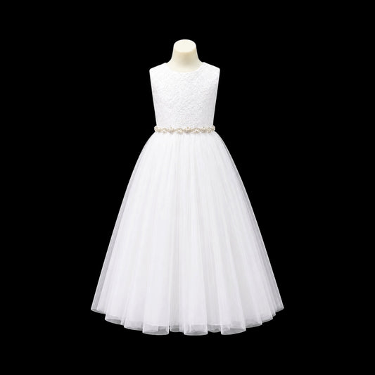 White Sleeveless Floral Lace Girls Formal Dress with Full Tulle Skirt & Pearl Rhinestone Waist