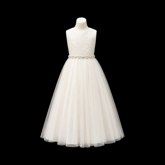 Ivory Sleeveless Floral Lace Girls Formal Dress with Full Tulle Skirt & Pearl Rhinestone Waist