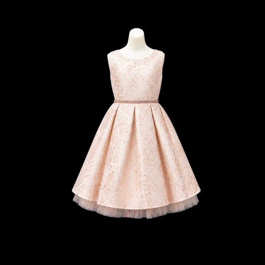 Blush Metallic Floral Jacquard Dress with Crystal Tulle Hem and Rhinestone Waist Trim