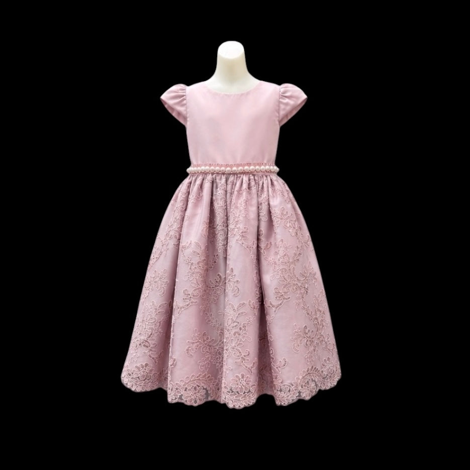 Dusty Pink Short Sleeve Dress w/ Embroidered Skirt