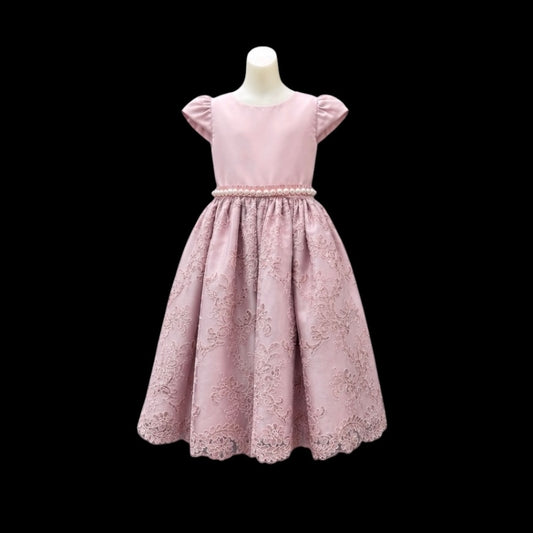 Dusty Pink Short Sleeve Dress w/ Embroidered Skirt
