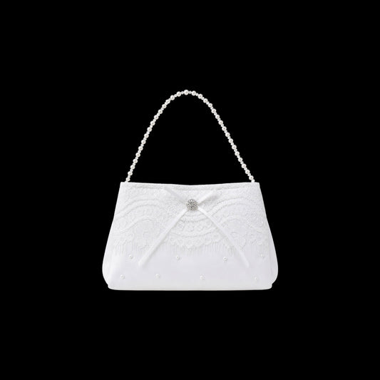 Girls Satin & Embroidered Lace White Pearl Purse w/ Rhinestone Bow Handle
