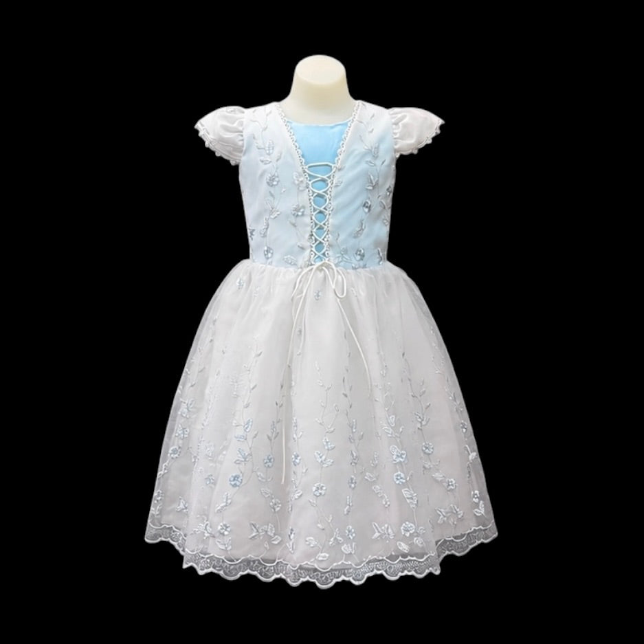 Girls White & Light Blue Embroidered Party Dress w/ Lace-Up Bodice (Size 8)