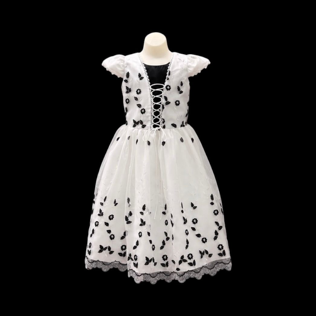 Girls White & Black Embroidered Party Dress w/ Lace-Up Bodice (Size 8)