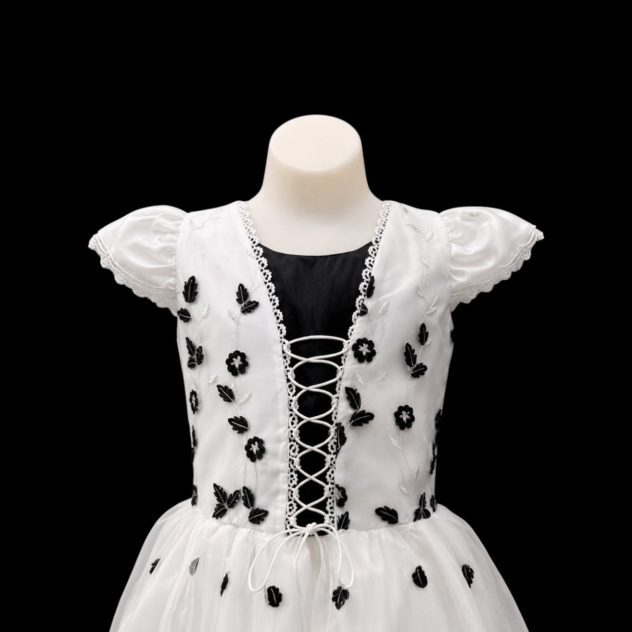 Girls White & Black Embroidered Party Dress w/ Lace-Up Bodice (Size 8)