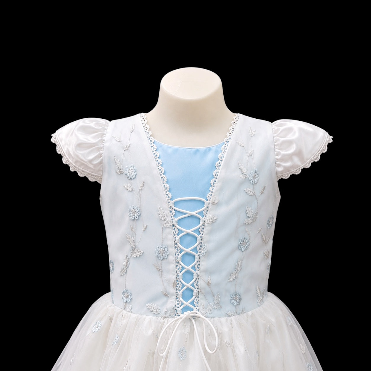 Girls White & Light Blue Embroidered Party Dress w/ Lace-Up Bodice (Size 8)