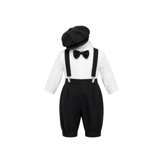 Mavezzano 5-Piece Black Linen Suspender Outfit Set with Newsboy Hat