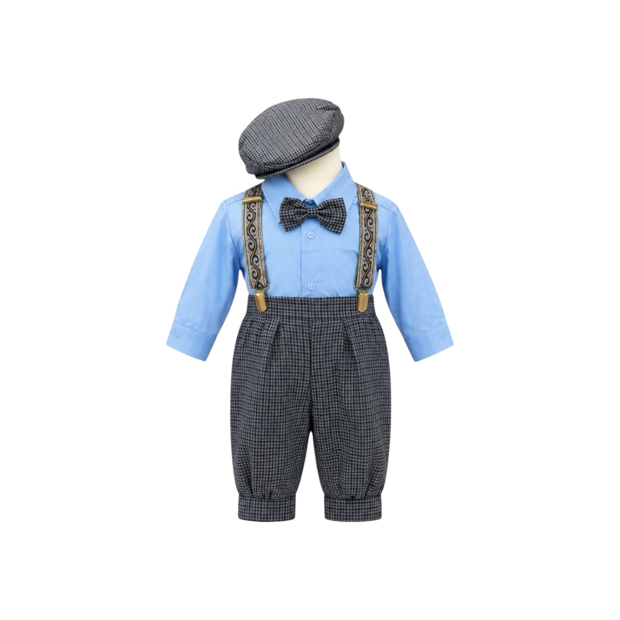 Rafael Collection 5-Piece Sky Blue & Grey Plaid Suspender Outfit Set with Newsboy Hat