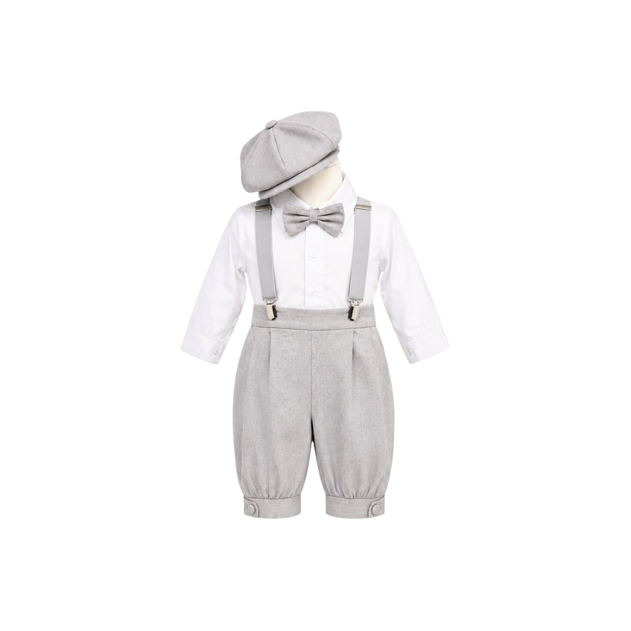 Mavezzano 5-Piece Light Grey Linen Suspender Outfit Set with Newsboy Hat