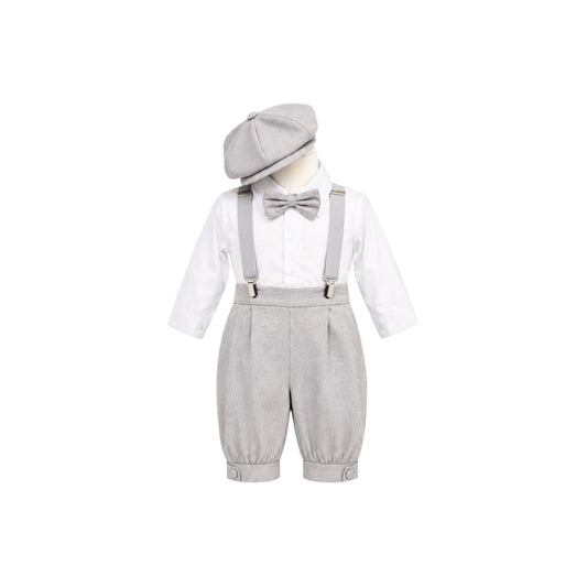 Mavezzano 5-Piece Light Grey Linen Suspender Outfit Set with Newsboy Hat