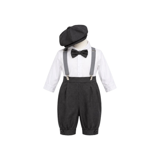 Mavezzano 5-Piece Charcoal Linen Suspender Outfit Set with Newsboy Hat