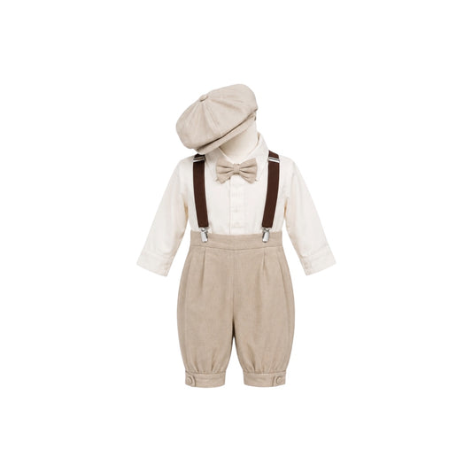 Mavezzano 5-Piece Tan Linen Suspender Outfit Set with Newsboy Hat