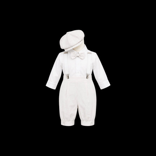 Mavezzano 5-Piece White Linen Suspender Outfit Set with Newsboy Hat