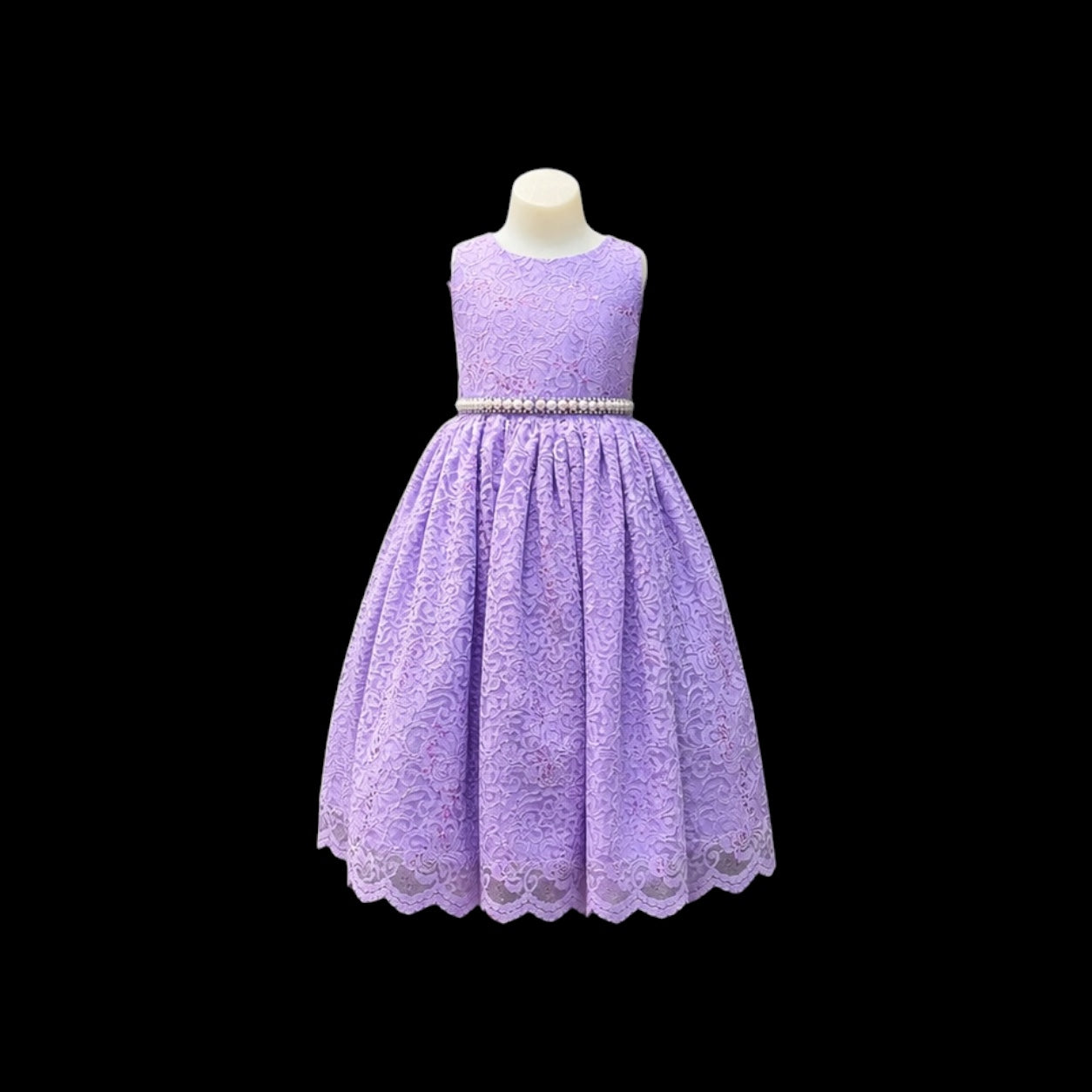 Girls Lavender Glitter Lace Tea Length Dress w/ Pearl Rhinestone Belt