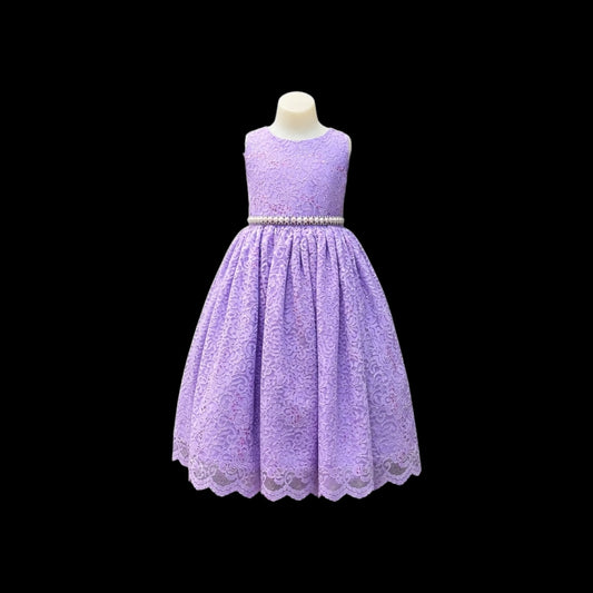 Girls Lavender Glitter Lace Tea Length Dress w/ Pearl Rhinestone Belt