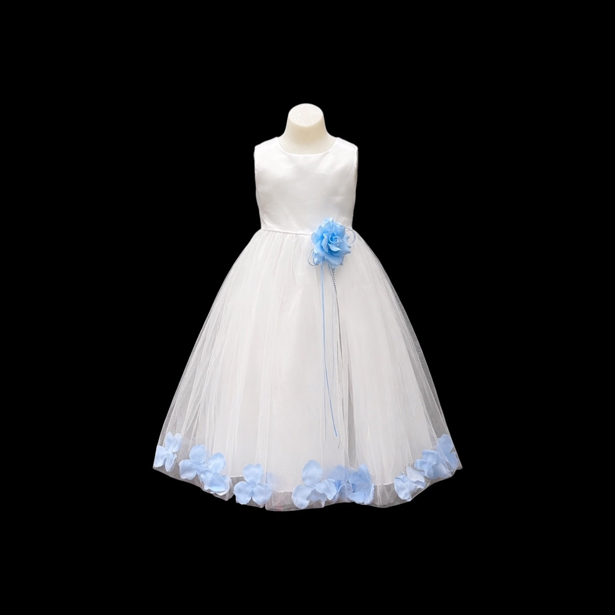 White Tea-Length Flower Girl Dress w/ Floating Organza Petals & Rosette Accent