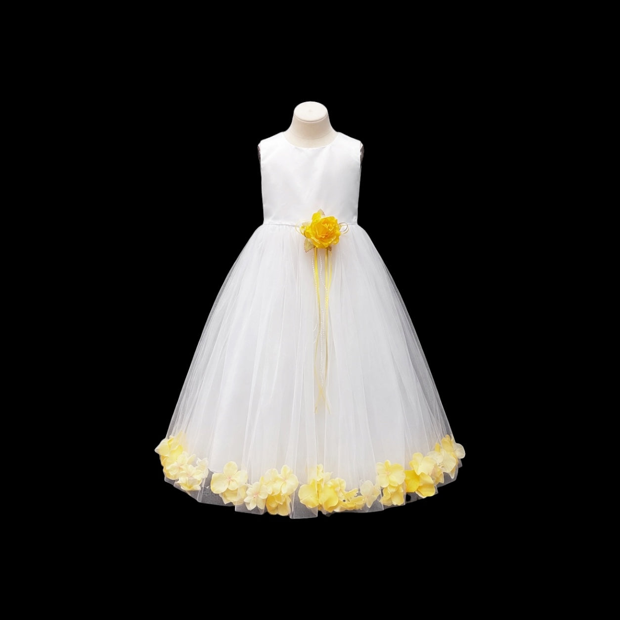 White Tea-Length Flower Girl Dress w/ Floating Organza Petals & Rosette Accent