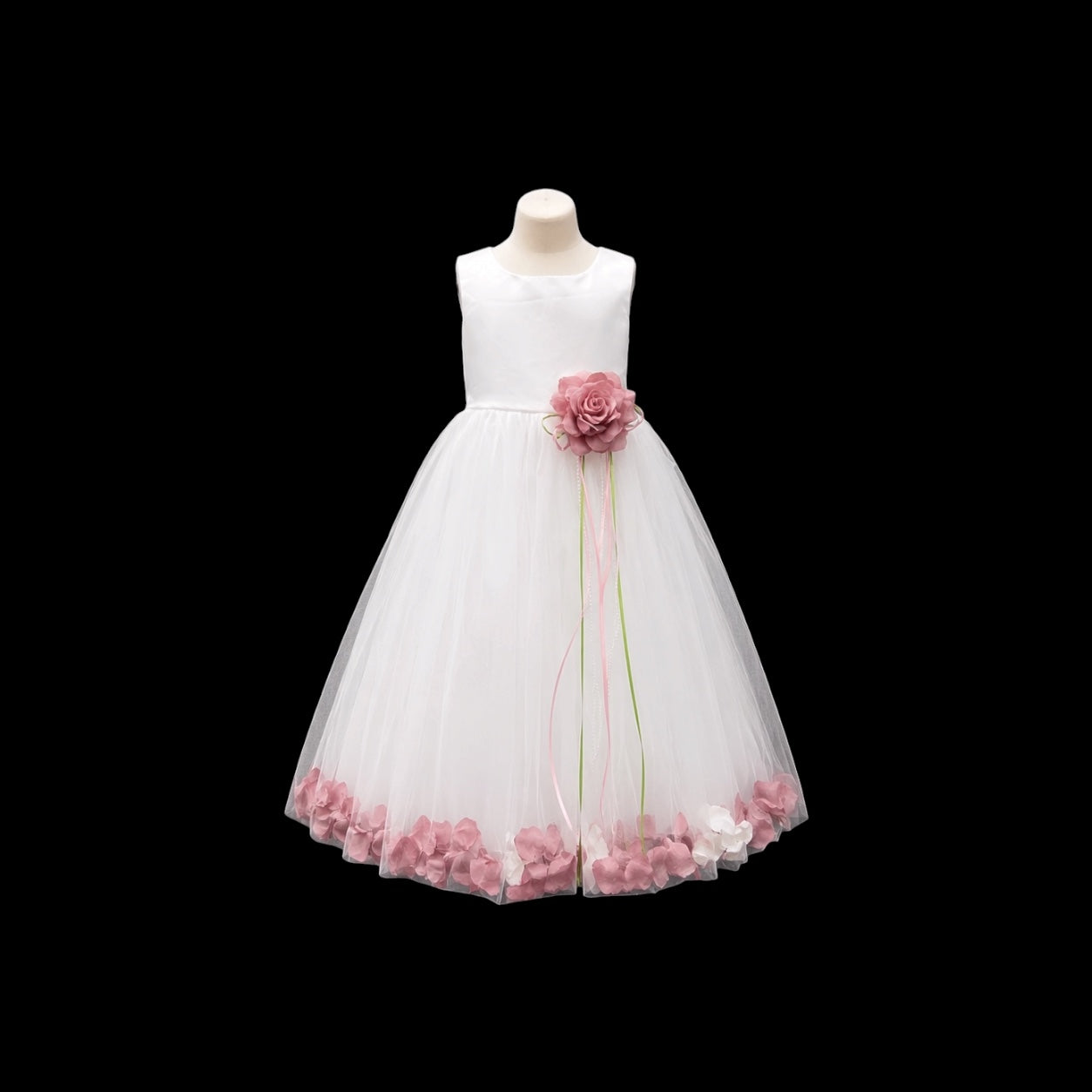 White Tea-Length Flower Girl Dress w/ Floating Organza Petals & Rosette Accent